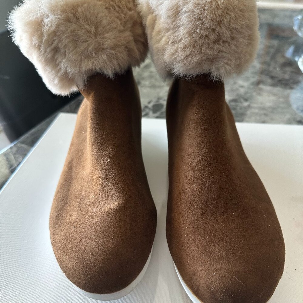 Camel Color Suede Booties With Furlike Trim Size … - image 1